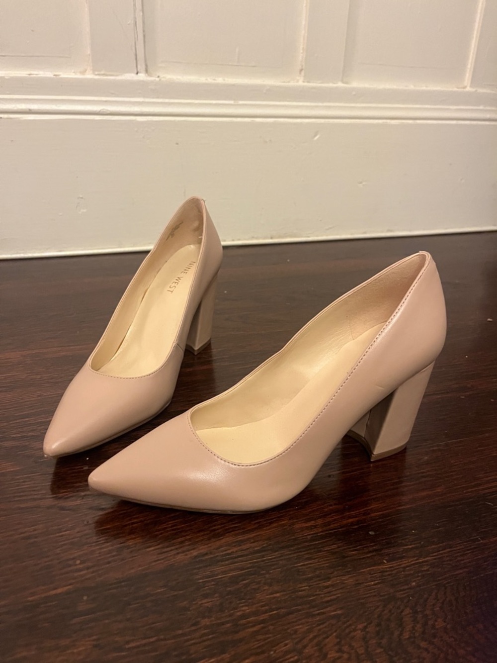 Pointed Toe Block Heel Pumps - nude blush cream